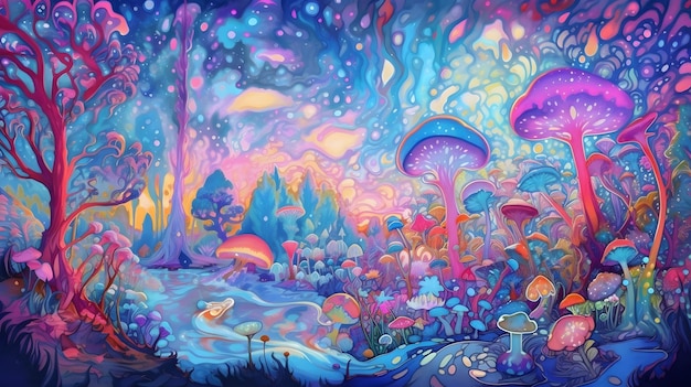 Surreal psychedelic landscape fantastic mushrooms