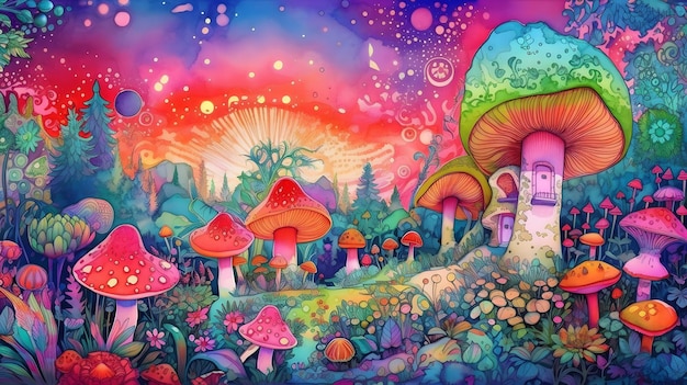 Surreal psychedelic landscape fantastic mushrooms