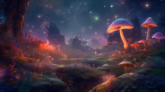 Surreal psychedelic landscape fantastic mushrooms