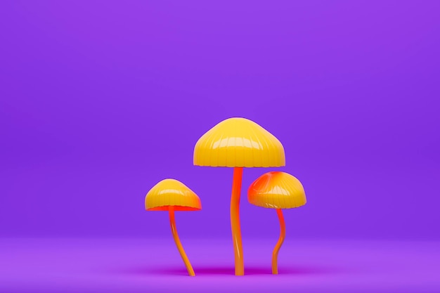 Photo surreal purple background with yellow mushroom 3d rendering