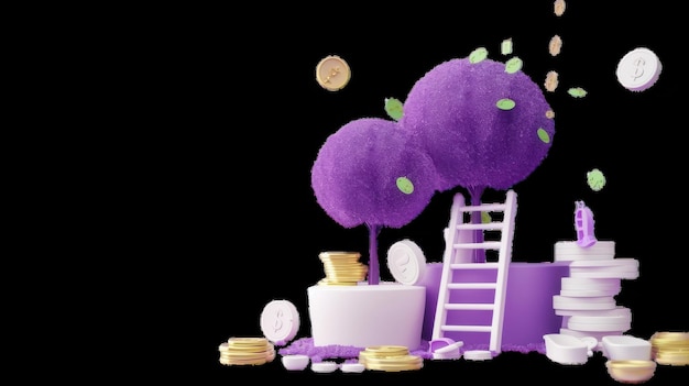 Surreal purple tree with coins in a whimsical setting