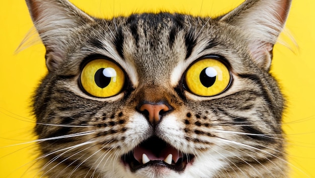 A surreal and quirky image of a wide eyed cat with three eyes on a yellow background