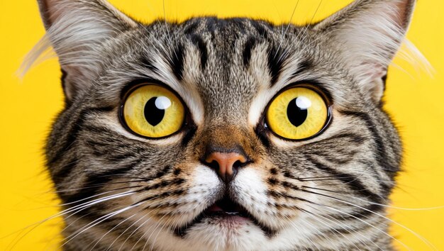 Photo a surreal and quirky image of a wide eyed cat with three eyes on a yellow background