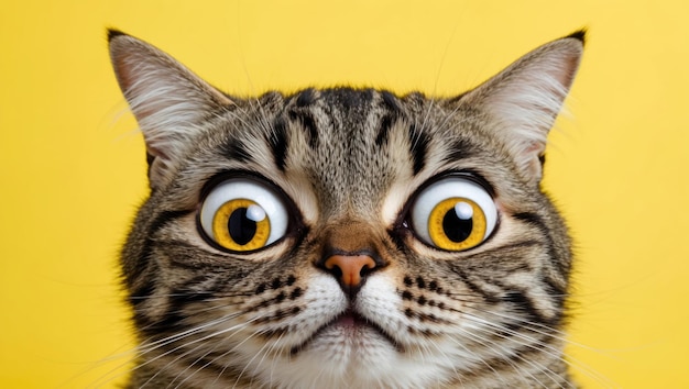 Photo a surreal and quirky image of a wide eyed cat with three eyes on a yellow background