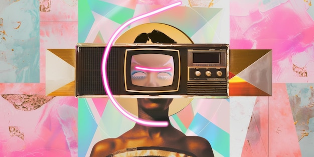 Surreal Retro TV Art Collage with Neon Lights and Vibrant Colors