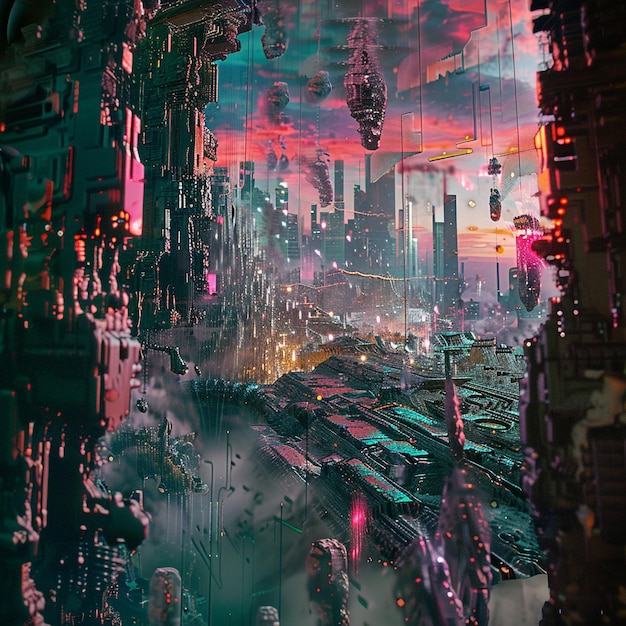 A surreal scene featuring a glitchedout cybernetic entity