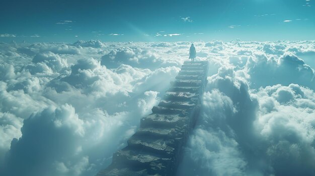 Photo surreal scene of person climbing floating staircase in clouds