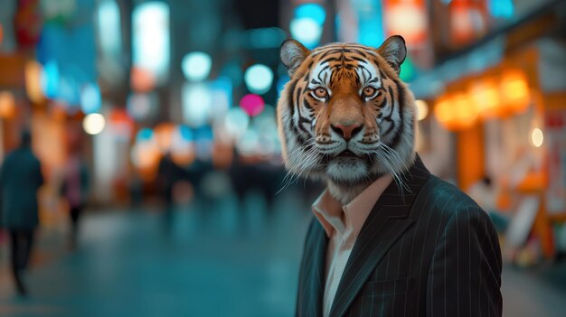 A surreal scene of a tiger wearing a business suit in a bustling neonlit urban street