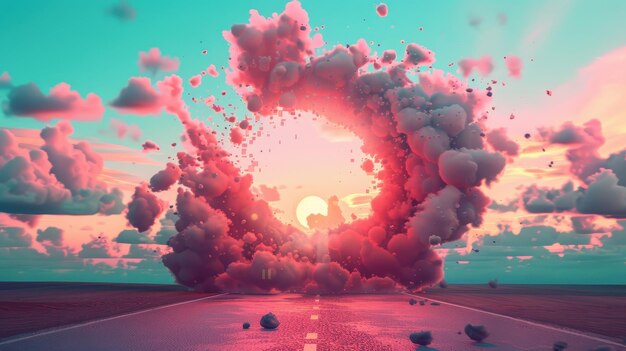 Photo surreal scene of vibrant clouds forming a vortex over an empty road at sunset creating a mesmerizing and dreamlike atmosphere