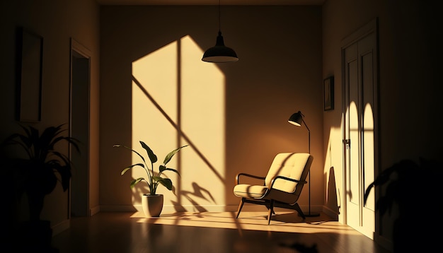 Surreal shadow graphic interior detailed with a house plant armchair and a hanging lamp