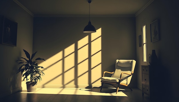 Surreal shadow graphic interior detailed with a house plant armchair and a hanging lamp