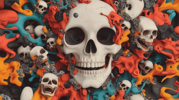 Surreal Skull Design Uniting Vibrant Colors and Eerie Faces in an Unforgettable Display of Artistry