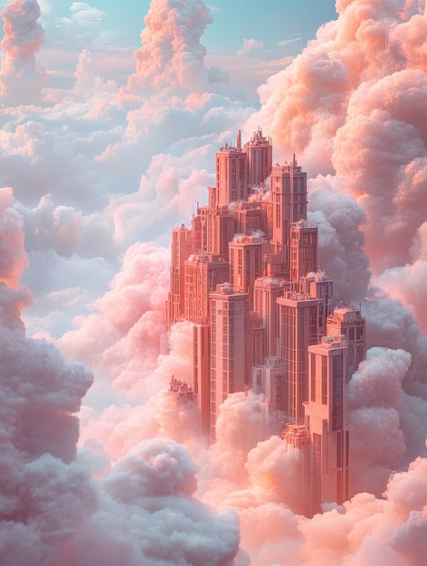 Photo surreal skyscrapers rising above soft pink clouds creating a dreamy urban landscape in the sky