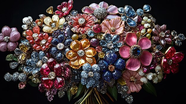 Photo a surreal still life featuring a bouquet of flowers made entirely of gemstones and precious metals