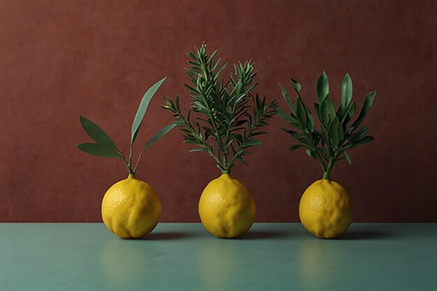 Photo surreal still life with lemons and pomegranates