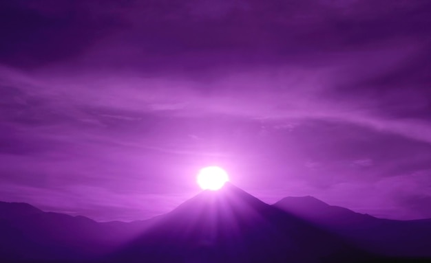 Surreal Style Amazing Purple Colored Bright Sun Rising over the Volcano Peak