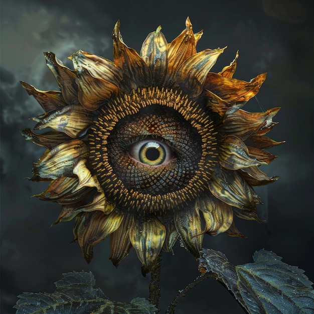 Photo surreal sunflower with human eye center