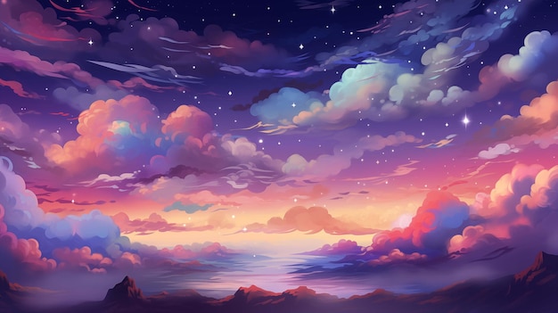 Surreal sunset cloudscape with vibrant gradient colors ai generated 2D cartoon illustration