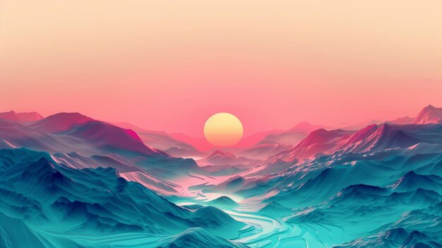 Surreal sunset over digital mountain landscape