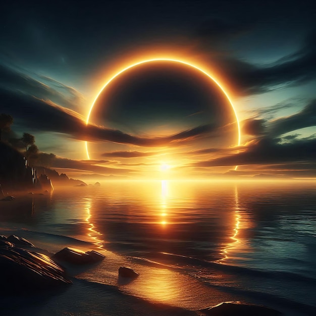 Surreal Sunset with Fiery Ring A SciFi Tranquil Landscape Mystical Waterscape Fiery Ring Sunset