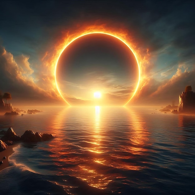 Surreal Sunset with Fiery Ring A SciFi Tranquil Landscape Mystical Waterscape Fiery Ring Sunset