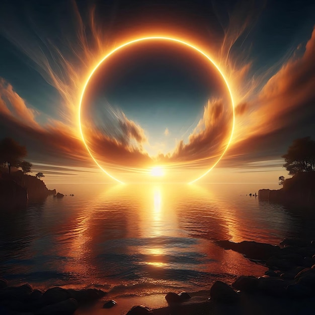 Surreal Sunset with Fiery Ring A SciFi Tranquil Landscape Mystical Waterscape Fiery Ring Sunset