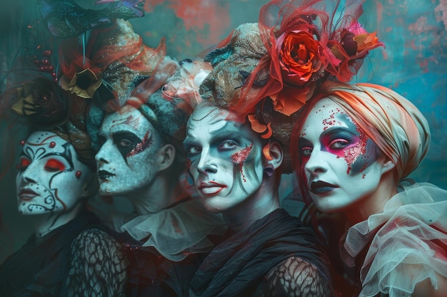 Surreal Theater Troupe in Unique Exaggerated Makeup on Dreamlike Abstract Stage for Artistic Design