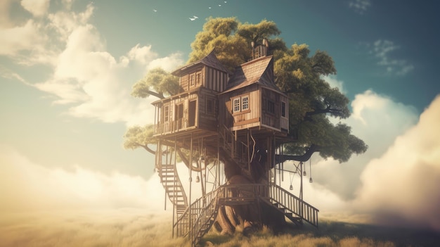 Surreal treehouse set in the clouds on a sunny day creating a dreamlike atmosphere AI generated