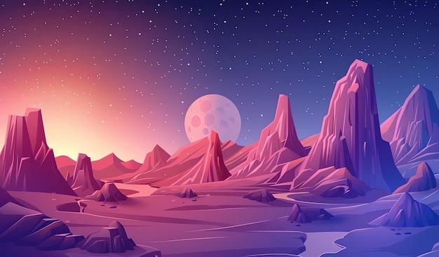 Surreal twilight landscape with a large moon rising over alien terrain