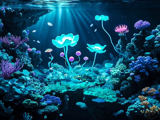 A surreal underwater scene with bioluminescent underwater flowers