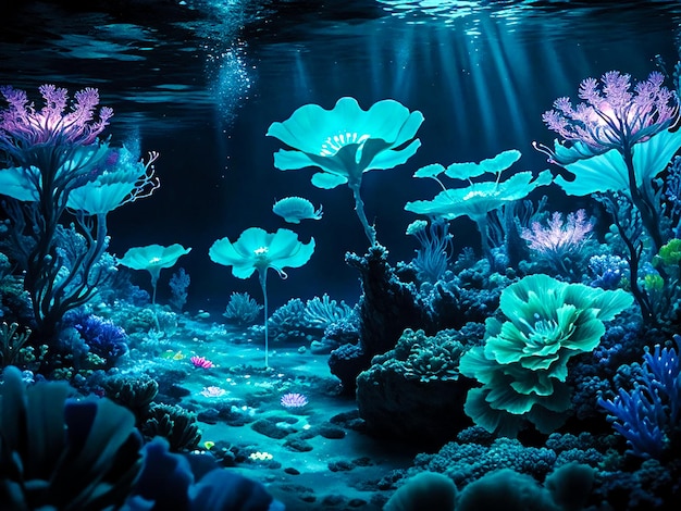 A surreal underwater scene with bioluminescent underwater flowers