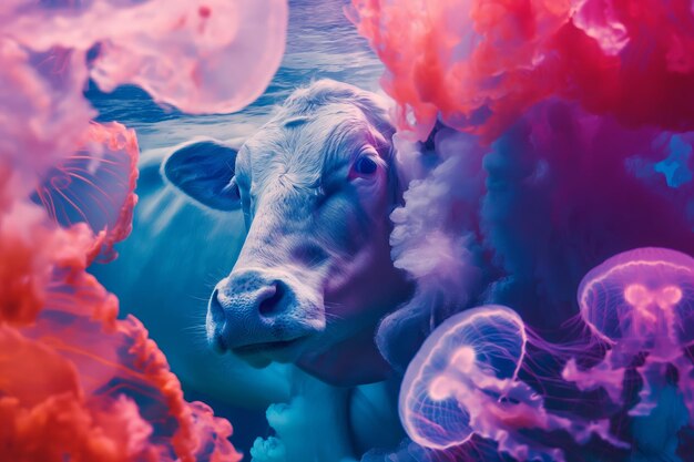 Photo surreal underwater scene with cow and jellyfish in vivid colors of pink and blue