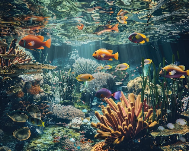 Surreal underwater scene with exotic fish