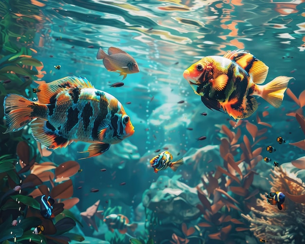 Surreal underwater scene with exotic fish