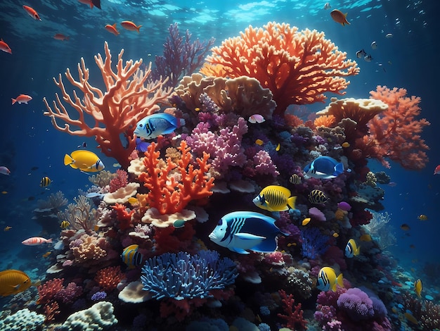 A surreal underwater world with vibrant coral reefs and exotic marine creatures