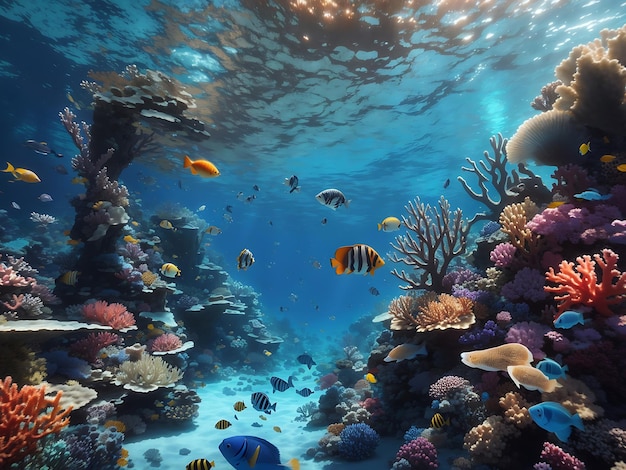 A surreal underwater world with vibrant coral reefs and exotic marine creatures