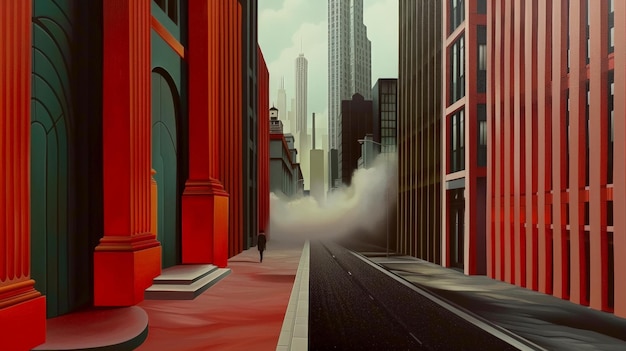 Photo surreal urban cityscape with red buildings and foggy street the tall skyscrapers in the distance complement the atmospheric mood