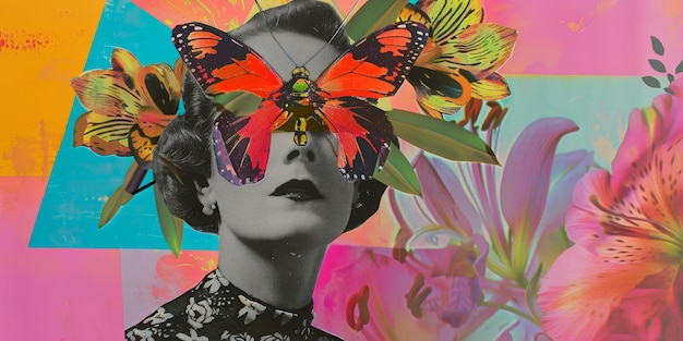 Surreal Vintage Collage Woman with Butterfly Sunglasses and Floral Background