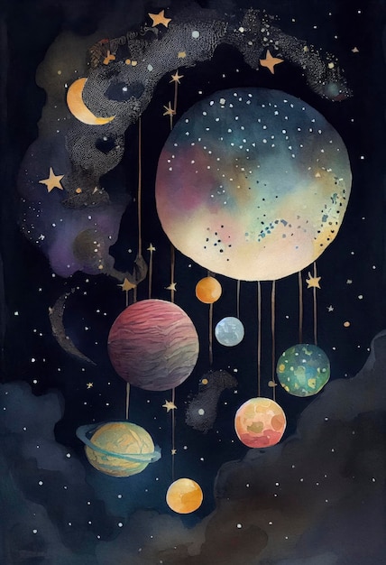 A surreal watercolor painting of planets moon and stars in the style of Georgina Hunt magical realism watercolor generat ai