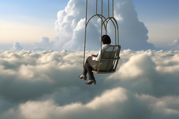 Photo surreal woman enjoying herself on a swing hanging from a hot air balloon