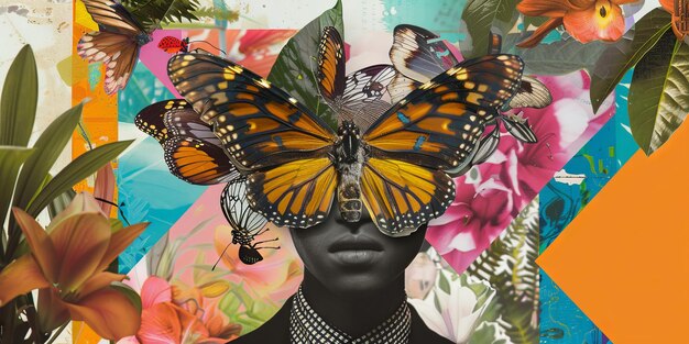 Surreal Woman with Butterfly Visage Amid Lush Floral and Abstract Design Elements