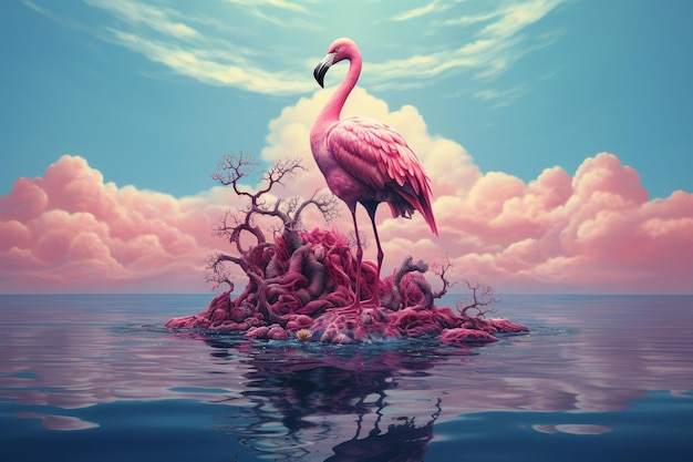 An Surrealism Flamingo with Peacock Feathers on Floating Rock