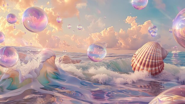 Surrealist backdrop of oversized seashells and crystalline waves in a dreamlike ocean