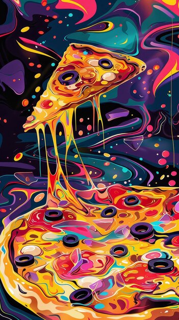 Surrealist pizza with toppings transforming into abstract shapes Psychedelic Bold colors Digital art