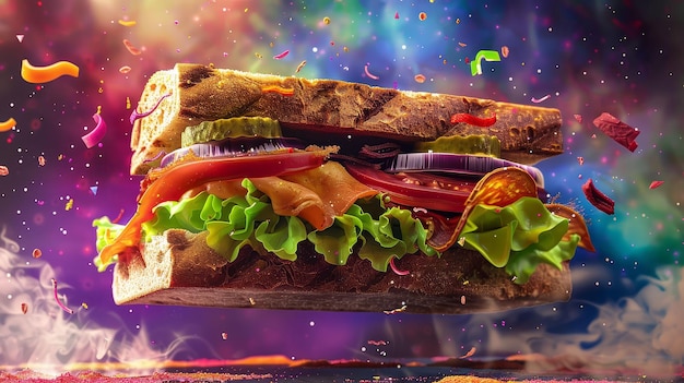 Surrealist sandwich with floating disassembled ingredients Psychedelic Bold colors Digital art