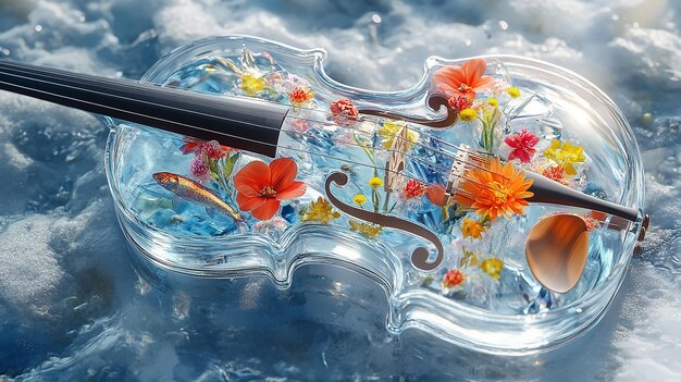 Photo surrealistic crystal violin with colorful flowers and fish inside concept art