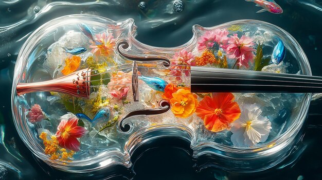 Photo surrealistic crystal violin with colorful flowers and fish inside concept art