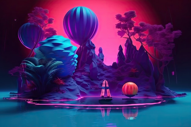 Surrealistic float landscape with vibrant and neon colors created with generative ai