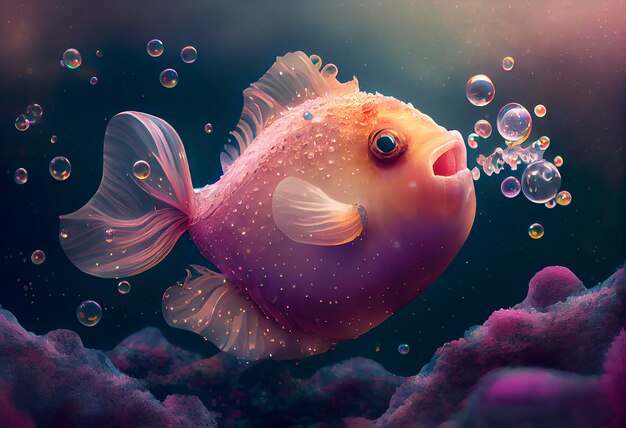 A surrealistic hyperrealistic fairytale cute anglerfish The background is a landscape with peach pink and iridescent soap bubbles floating around generat ai