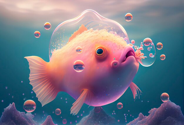 A surrealistic hyperrealistic fairytale cute anglerfish The background is a landscape with peach pink and iridescent soap bubbles floating around generat ai